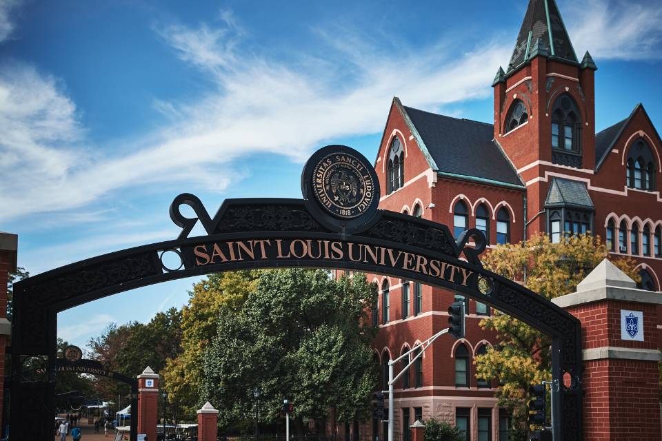 An archway on campus says Saint Louis University