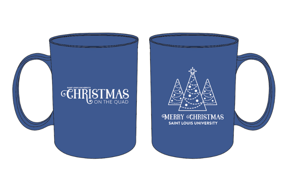 Two illustrations of coffee mugs. One says Saint Louis University Christmas on the Quad and one says Merry Christmas with images of three Christmas trees.