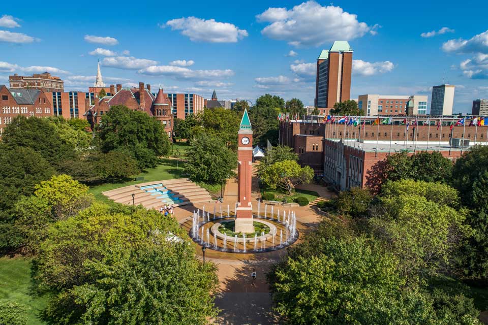 Aerial view of SLU campus, centered on the clock tower