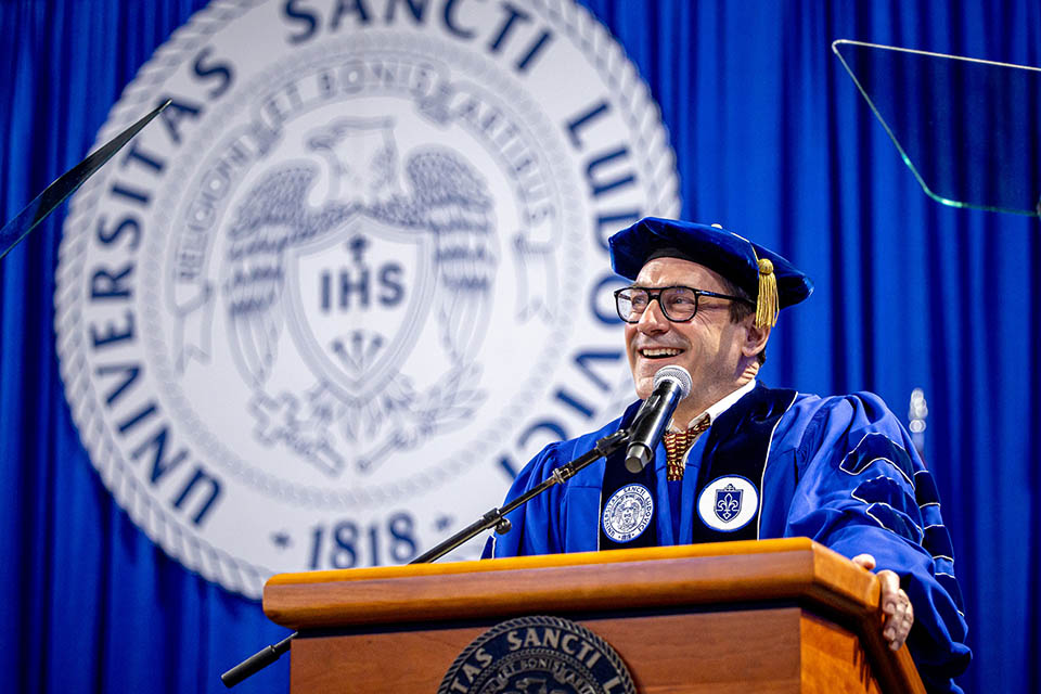 Actor and St. Louis native Jon Hamm delivers the address during Saint Louis University's Commencement on Saturday, May 18, 2024. Photo by Sarah Conroy.